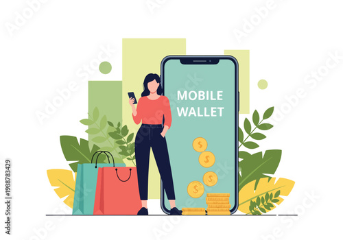 Flat style vector illustration of a woman using a mobile wallet app with coins and shopping bags, representing cashless payment, ecommerce transactions, digital finance, and modern shopping lifestyle