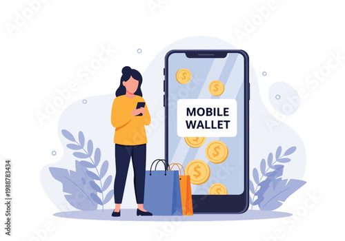 Flat style vector illustration of a woman using a mobile wallet app with coins and shopping bags, representing cashless payment, ecommerce transactions, digital finance, and modern shopping lifestyle