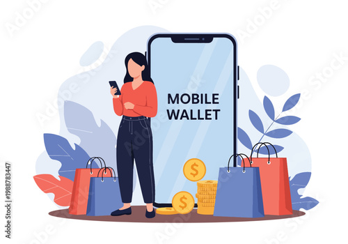 Flat style vector illustration of a woman using a mobile wallet app with coins and shopping bags, representing cashless payment, ecommerce transactions, digital finance, and modern shopping lifestyle