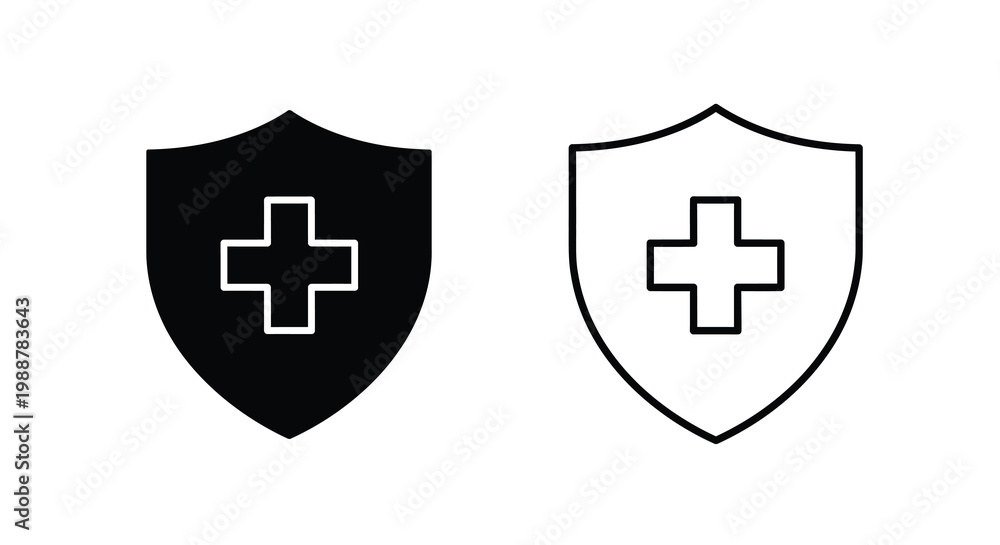 Fototapeta premium Two shield icons with a medical cross one filled and one outlined