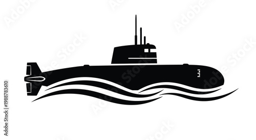 A sleek black silhouette of a submarine traveling on the water