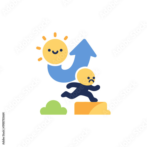 Sad person running away from a happy sun and upward arrow, symbolizing avoidance of growth.