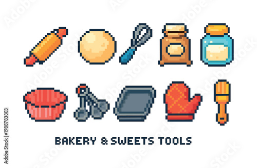Pixel art collection of baking and sweets making tools and ingredients