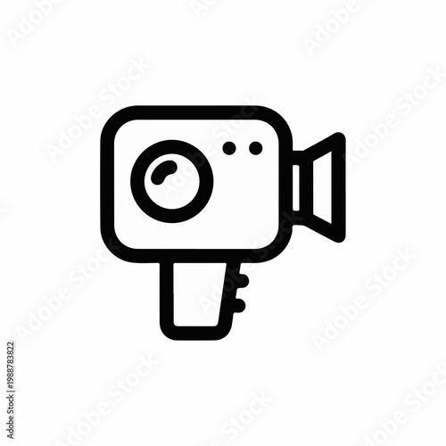 Minimalist video camera icon vector, black line art movie camera symbol, professional cinema equipment graphic for film production and media apps