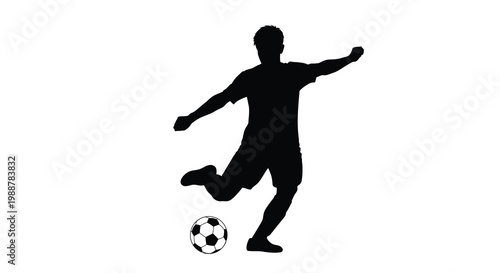 Silhouette of a soccer player dribbling a ball against white background