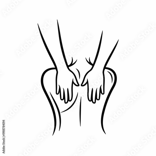 Minimalist back massage line art vector, professional therapist hands on human lower back, wellness and spa treatment icon on white background