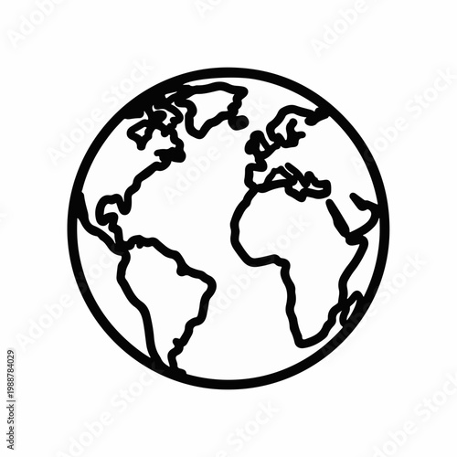 Minimalist planet earth globe icon, black line art world map vector, simple terrestrial sphere illustration for global business and travel