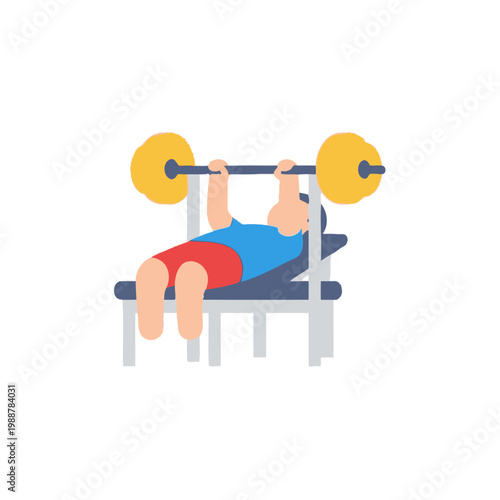 Man doing bench press exercise with barbell on weight bench, flat vector illustration.