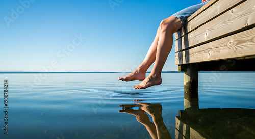 Fotografie Person sitting on a wooden dock with feet dangling over the calm water of a lake