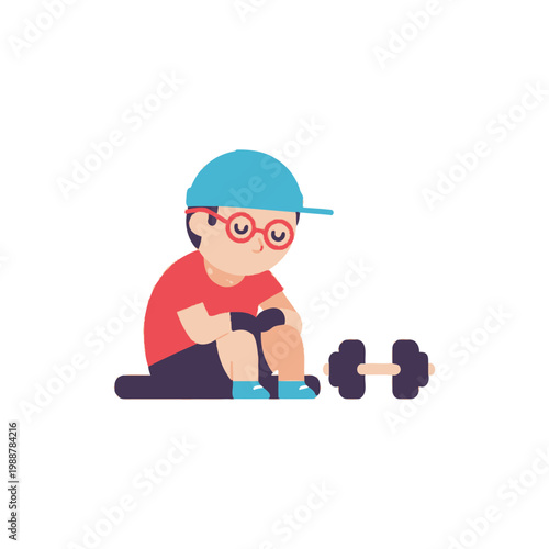 Sad boy with glasses and dumbbell, cartoon character, feeling down, isolated on white