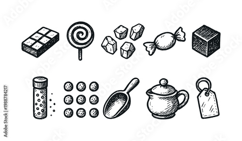Hand-drawn sweet icons including chocolate bar, lollipop, candies, and sugar cubes