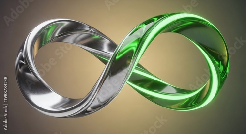 3D infinity symbol with metallic chrome and glowing neon green on beige background