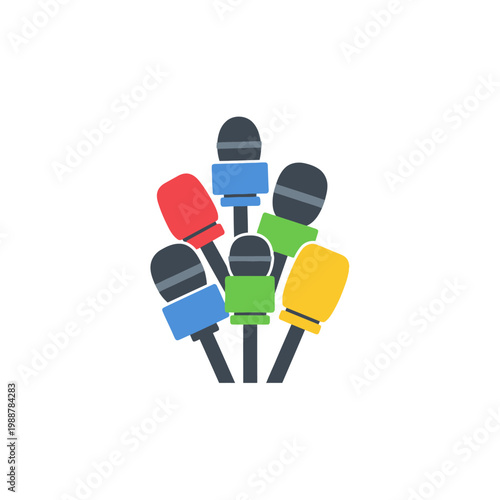 Group of colorful microphones for news reporting and interviews