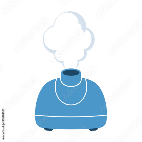 Blue aroma diffuser emitting white steam, isolated on white background