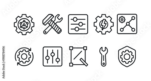 Collection of simple line icons representing settings, tools, and engineering concepts