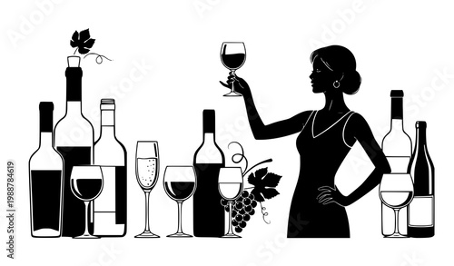 Wine glasses bottles woman silhouette vector black white illustration set