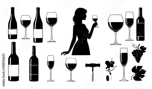 Wine bottle glass woman silhouette vector black white elegant set