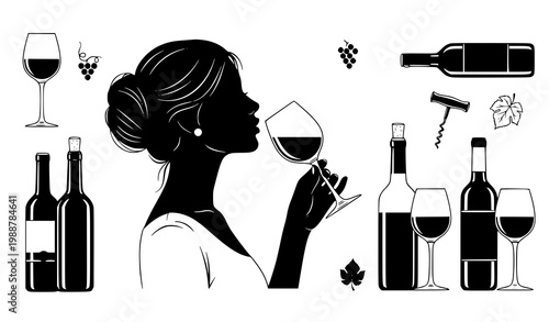 Wine vector set woman silhouette bottle glass black white illustration