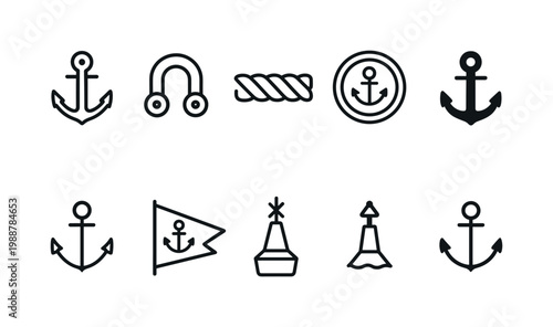Collection of nautical icons featuring anchors, rope, and buoys for maritime themes