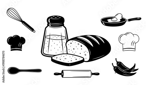 Kitchen food vector icon set salt shaker bread culinary illustration