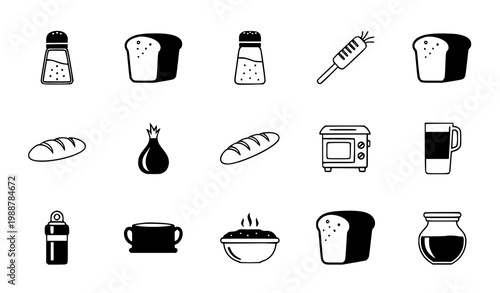 Food kitchen vector icon set black white salt bread cooking design