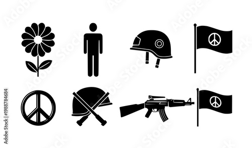 Peace war symbolism vector set black white conceptual illustration icons