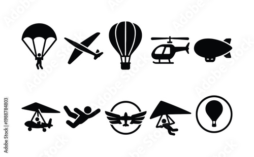 Collection of aviation and extreme sports icons in silhouette style