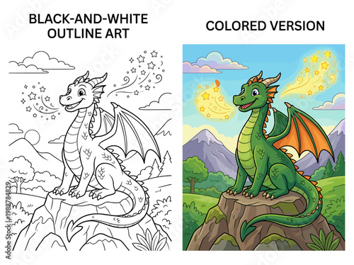 Friendly dragon sitting on a rock, coloring page outline and colored version, character design
