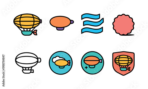 Collection of retro airship and blimp icons in a simple, colorful, flat design style