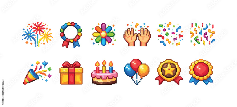 Fototapeta premium Pixel art celebration icons for birthdays and special events, festive collection