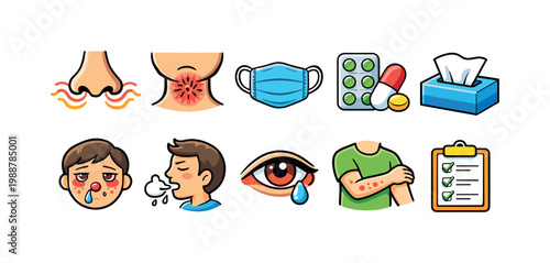 Set of icons illustrating common allergy symptoms and treatments for health awareness