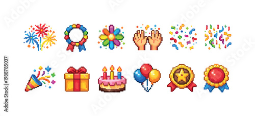 Pixel art celebration icons for birthdays and special events, festive collection