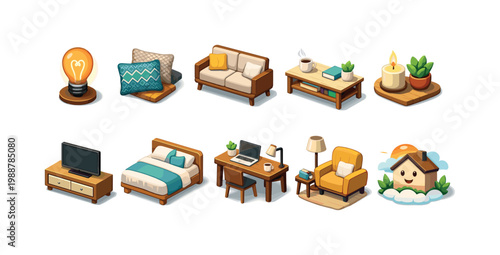 Cozy modern home interior icons set for design and illustration