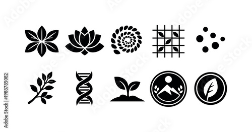 Collection of botanical and scientific icons representing nature and growth