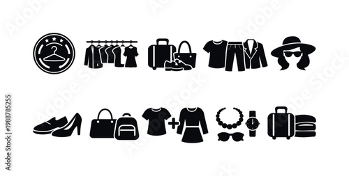 Fashion, clothing silhouette icon set. Apparel, accessory silhouette icons collection