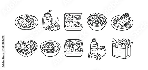 Healthy meals outline icon set. Fresh food, diet plan, salads, and lunchbox icons