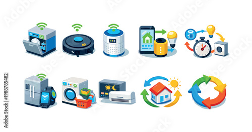 Collection of smart home appliances and automation icons in a modern isometric style