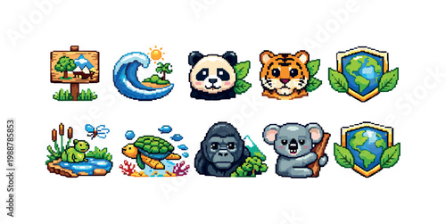Cute pixel art icons celebrating nature and endangered animals