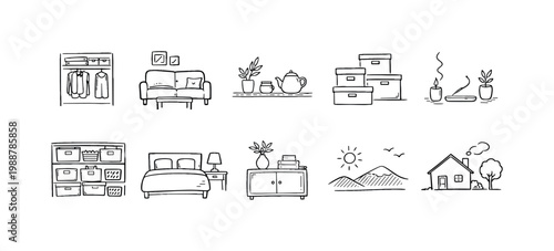 Collection of simple line art icons representing home interior elements and scenes