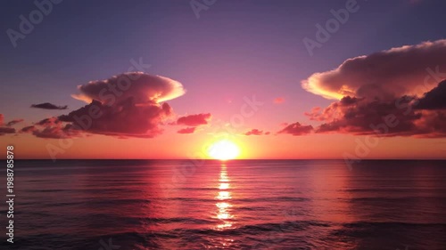 Vibrant sunset over calm ocean with colorful clouds