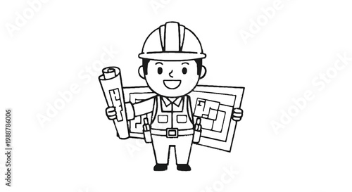 Cartoon Construction Worker Holding Plans.