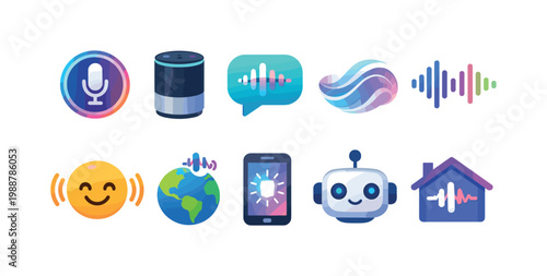 Collection of modern voice assistant and AI icons with sound waves and technology themes