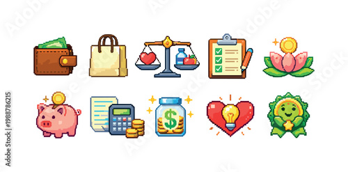Pixel art icons representing financial and lifestyle balance and well-being