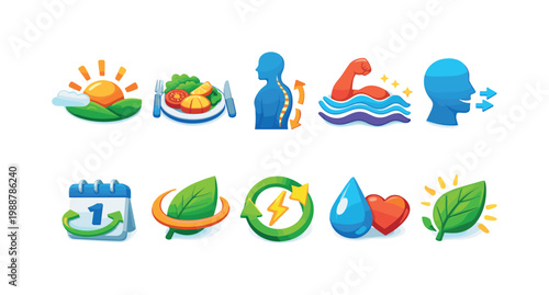 Healthy lifestyle icons representing wellness, nutrition, exercise, and self-care
