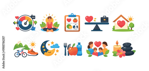 Icons representing a balanced life with health, family, work, and relaxation