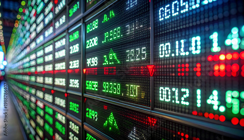 Macro close-up of a digital stock market ticker board. Pixelated LED-style white text