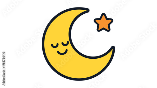 Smiling yellow crescent moon with closed eyes and a small orange star, modern flat vector icon illustration on white background for nursery, bedtime, sleep, and night sky themed designs.
