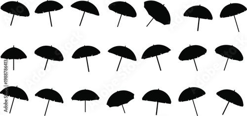 Beach umbrella silhouettes set with different tilt angles and perspective views for summer design