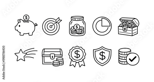 Collection of simple line art icons representing financial concepts and savings