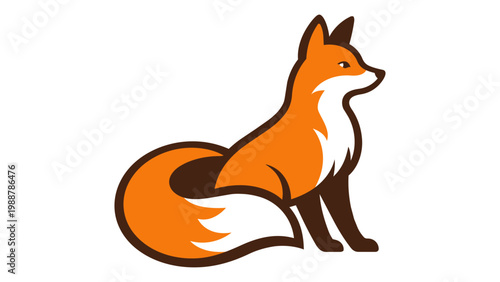 Stylized flat vector illustration of a sitting orange fox with a bushy tail and white chest. This clean, modern wild animal icon is a scalable graphic design element on a white background.